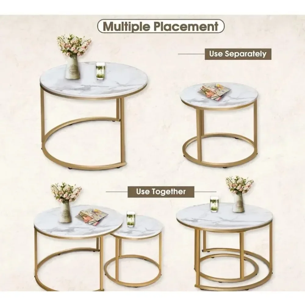 Coffee table nesting white set gold frame round and marble pattern wooden table