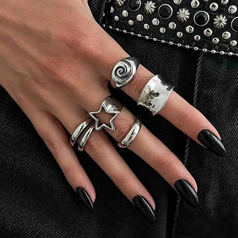 Ingemark 5 Pcs/Set Gothic Pentagram Thread Open Ring for Women Punk Vintage Hollow Out Star Adjustable Ring Halloween Jewelry