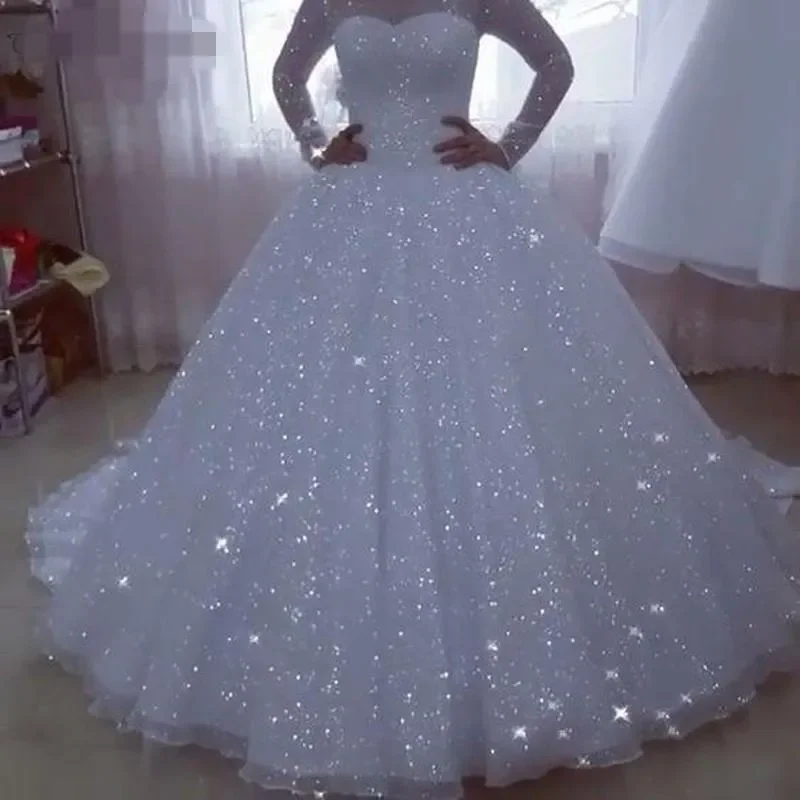 2027 plus Size Sparkling Tulle Ball Gown Wedding Dress with Jewel Neck Illusion Long Sleeves for Bride
