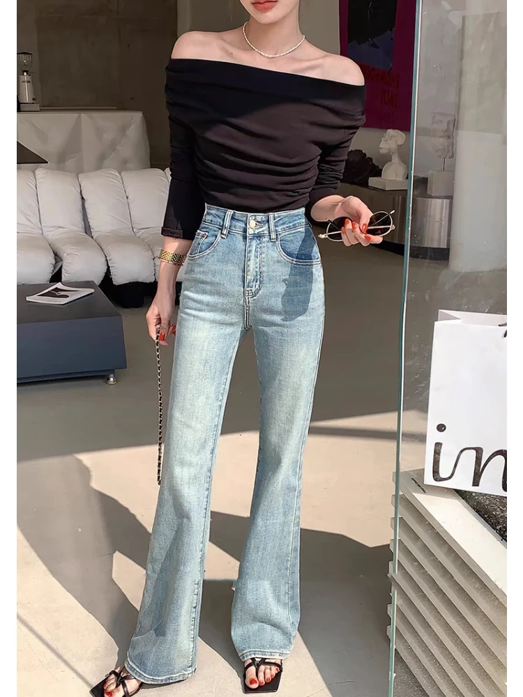 Women's Retro Micro Bell-bottom Jeans Cool Girl High Waisted Wash Blue Skinny Pant Female Elastic Thin Denim Flare Trousers