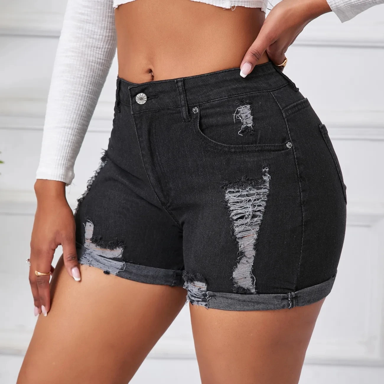 Women's Split Denim Shorts Summer Beach Wild Fashion Sexy Mid Waist Curled Cuff Perforated Elastic Slim Fit Casual Shorts