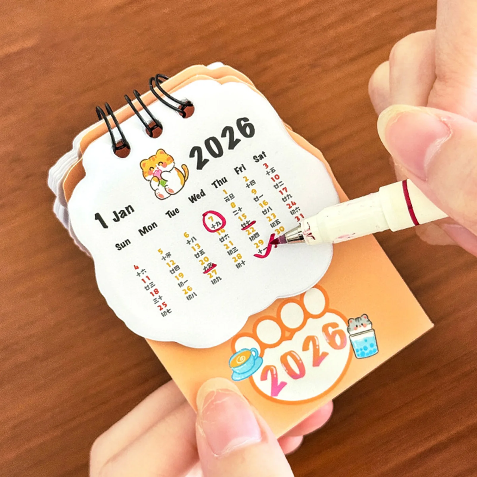 

2026 Mini Desk Calendar Simple Cartoon Style English Desktop Calendar Cute Kitten Themed Schedule Planner Gifts for Students