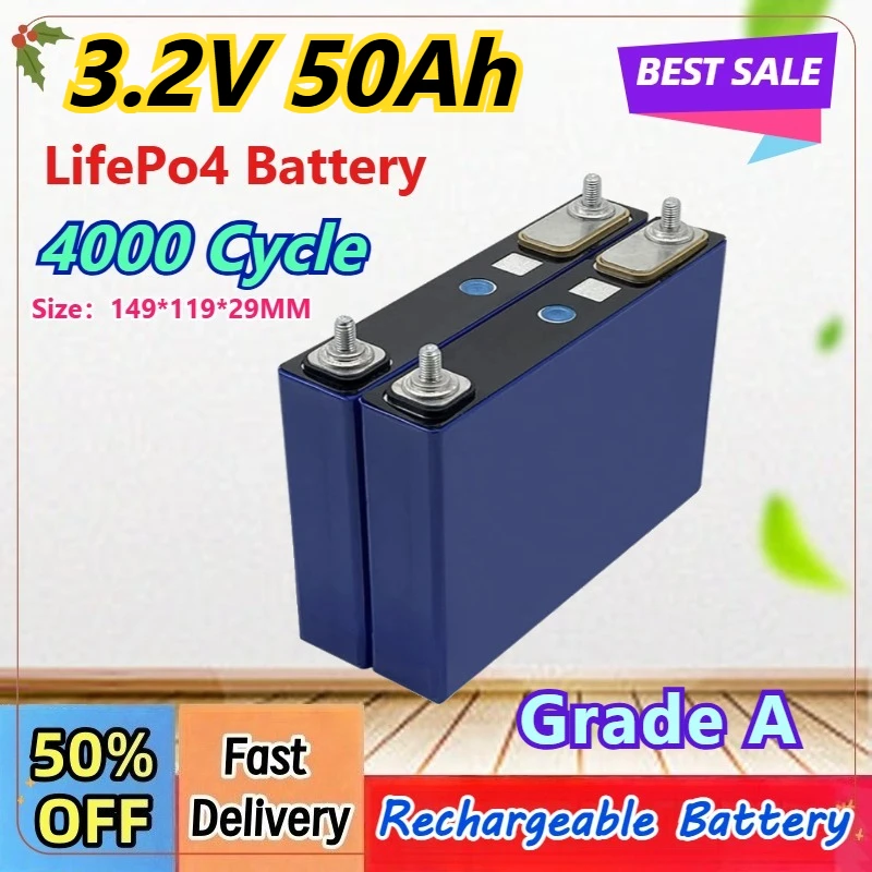 3.2V 50Ah LiFePO4 Battery Pack Phosphate 50000mAh Batteries for 12V 24V Golf Cart 3C Motorcycle Car Motor Modification M6 Stud