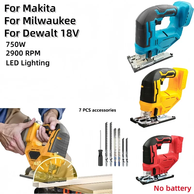 

750W 2900RPM Brushless Electric Jig Saw for Makita/Milwaukee/Dewalt 18V Battery Wood Metal Cutting LED Lighting Power Tools