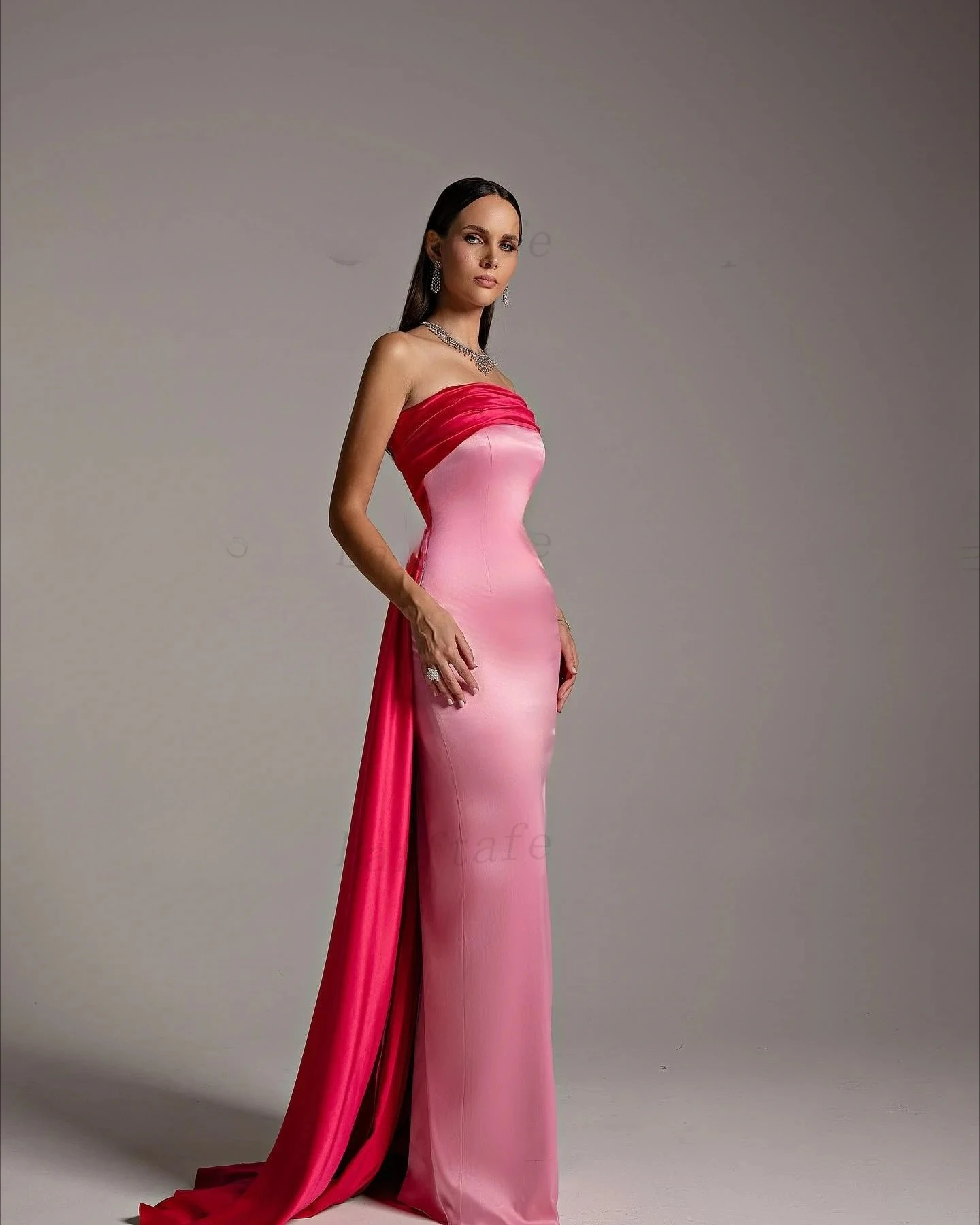 Customized Strapless Two Tone Satin Mermaid Wedding Gown with Ruched Bodice Detachable Cape Sweep Train for Bridal 2026