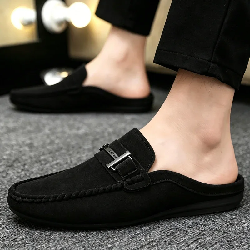 Leather Men Half Slippers Summer Breathable Mens Casual Shoes Slip-on Lazy Driving Shoes Comfortable Walking Loafers Moccasins