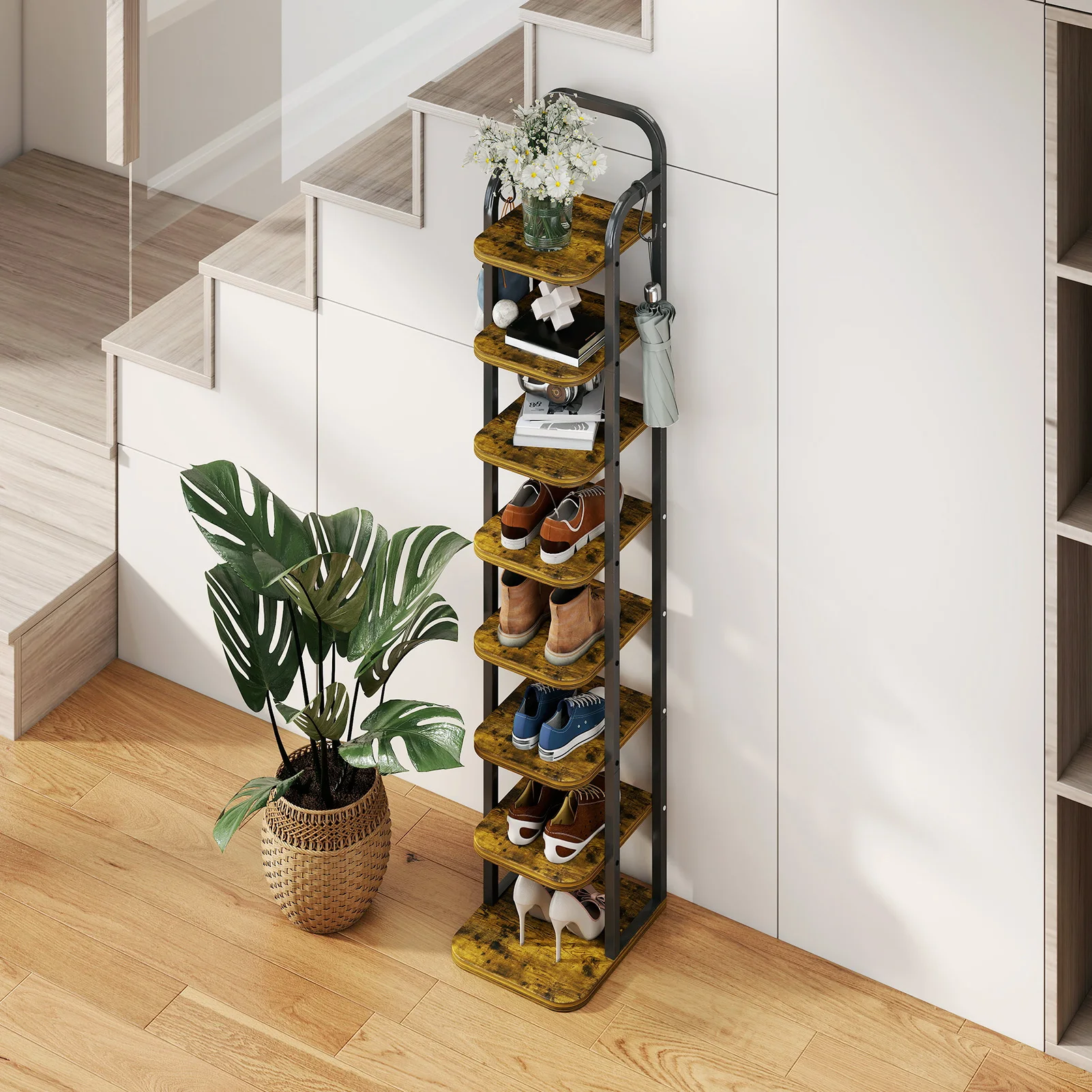 

Вертикальная высокая угловая обувница на 8 ярусов с 2 крючками и регулируемыми полками для прихожей и гостиной