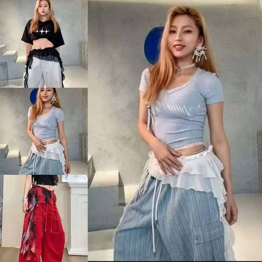 

Jeans Pants Decor Irregular Lace Mini Skirt Y2K Streetwear Harajuku Ruched Skirts See Through High Waist Pleated Skirts