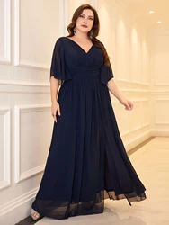 Unithorse Plus SIze Women's Butterfly Sleeve V-Neck Bust Ruched High Slit Chiffon Dress