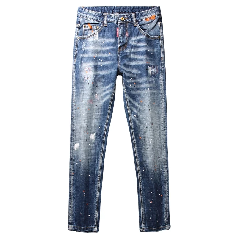 Street Fashion Men Jeans Retro Washed Blue Elastic Slim Fit Ripped Jeans Men Painted Designer Vintage Casual Denim Pants Hombre