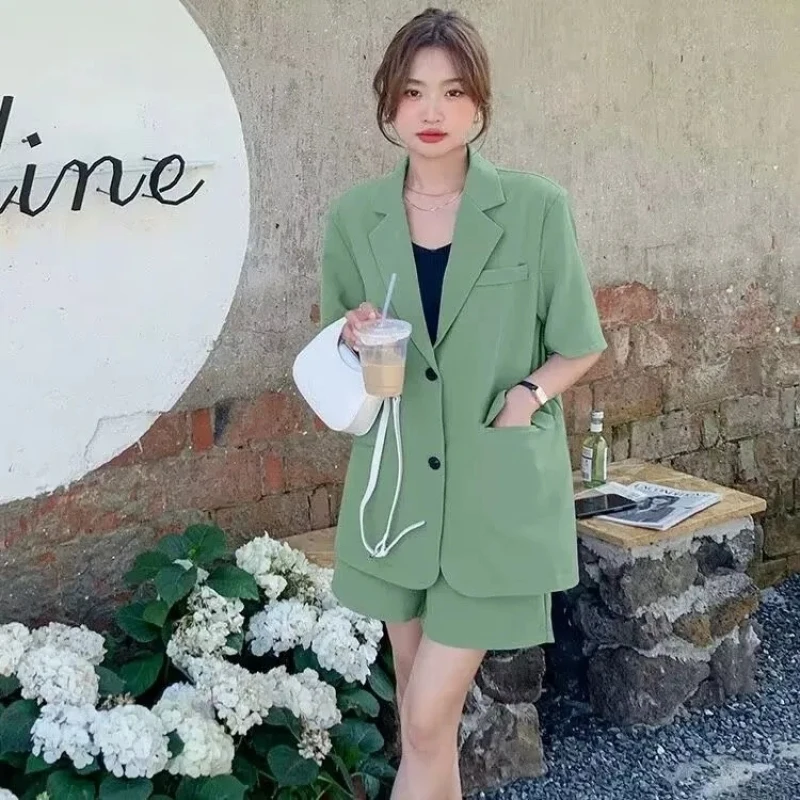 

Women's Summer New Fashion Loose Short-sleeved Suit Coat Short Two Piece Korean Elegant Thin Casual Blazers Pants Matching Set