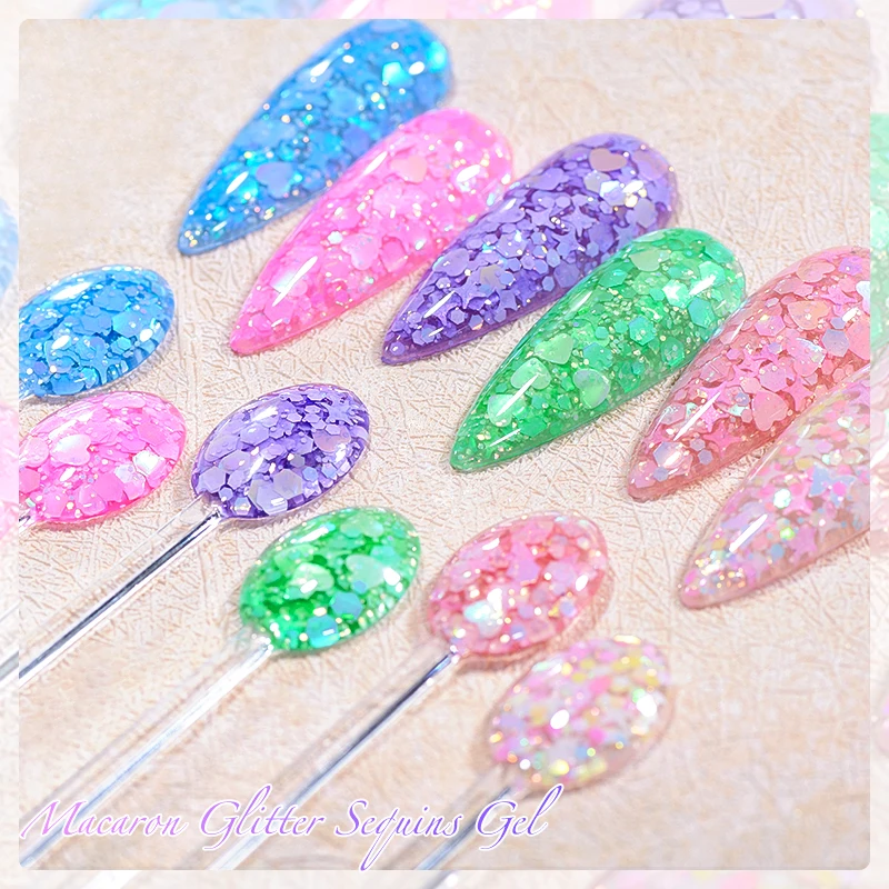 MEET ACROSS 6 Pçs/set 8ml Macaron Glitter Lantejoulas Esmalte em Gel para Unhas Coração em Forma de Diamante Nart Art Verniz em Gel UV Para Manicure