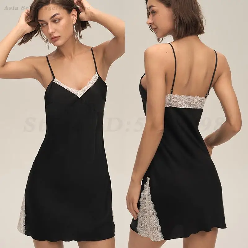

Sexy Mini Suspender Nightdress Sleepwear Intimate Lingerie Female Chemise Nightgown Patchwork Lace Satin Homewear Lounge Wear