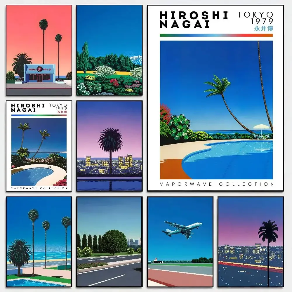 Hiroshi Nagai Vaporwave Japan Beach City Summer Poster Self-adhesive Art Room Entrance Restaurant Wall Decor Art Painting
