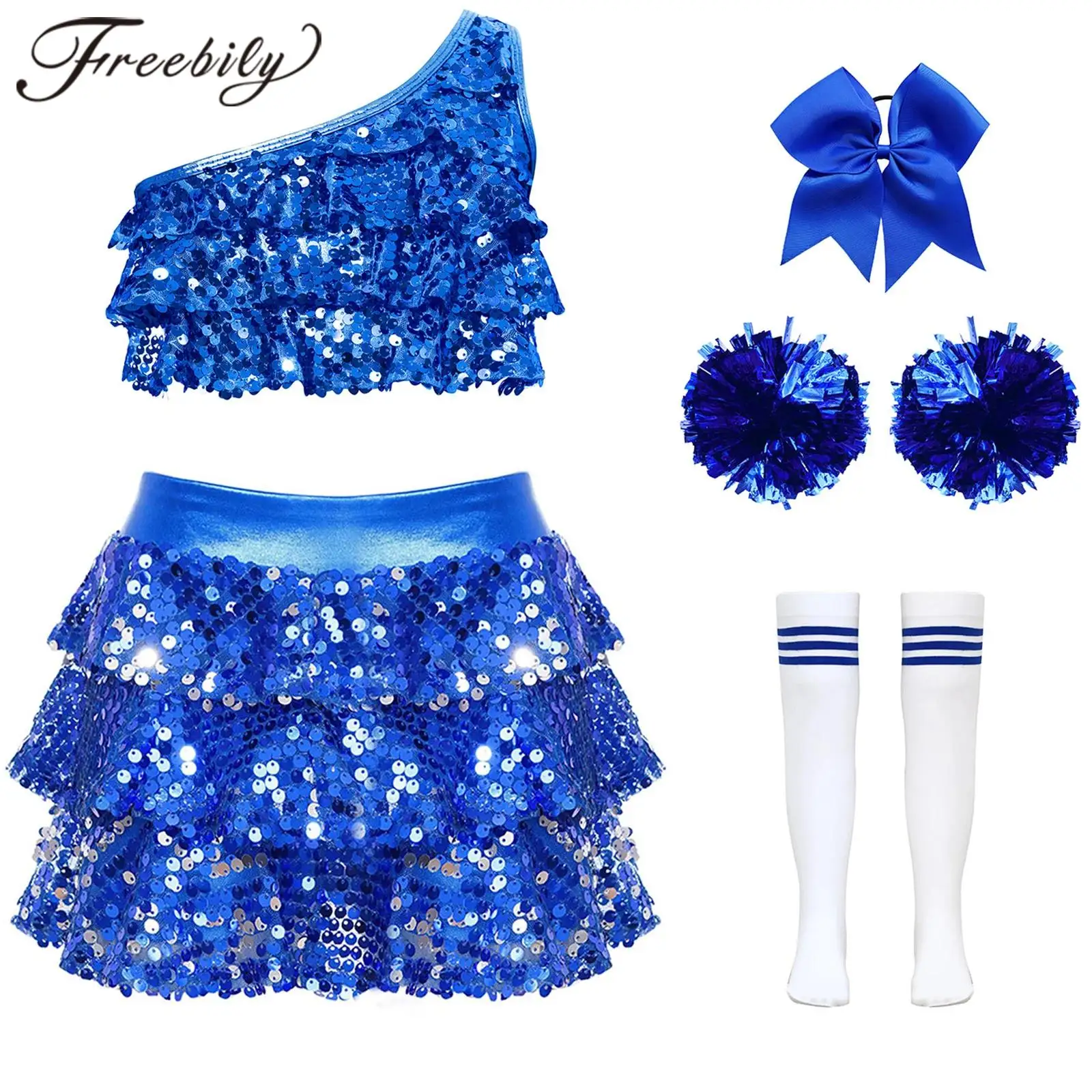 Children Cheerleader Costume Shiny Sequins Cheerleading Uniforms Kids Girls School Cheer Dance Outfit Cheerlead Uniform Teamwear