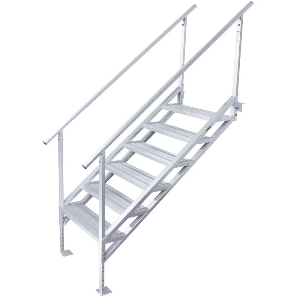 3005.4281 Jumbo Tread Aluminum Dock Stairs with Railing 6 Step Adjustable Legs Durable 500lb Capacity Traction Strips Stable