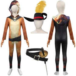 Children Cartoon Puss Boots Roleplay Fantasia Jumpsuit Costume Hat Swordsman Cosplay Fantasy Hat Jumpsuit Kid Halloween Bodysuit