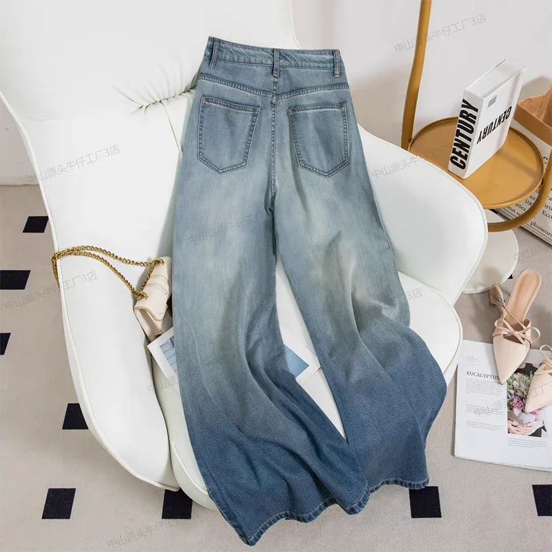 2025 Washed Diamond-encrusted Jeans Women's Design Sense High-waisted Straight-leg Pants Loose Wide-leg Mopping Pants