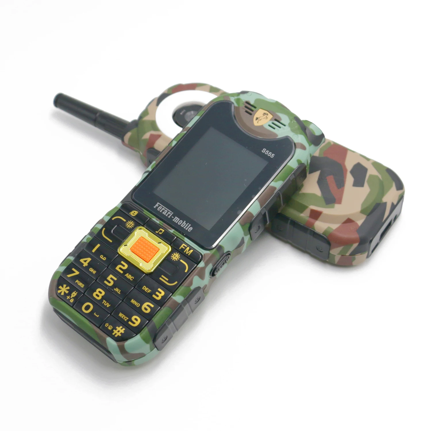 GSM 2G Camouflage Mobile Phone with Antenna Big Button Power Bank Torch Bluetooth 4 SIM Card Russian Keyboard Elderly Cellphones