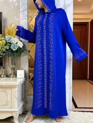 Vestido de manga comprida com boné muçulmano Abaya, vestido maxi, diamante, árabe, Dubai, roupa islâmica, solto casual, robe de Turquia, outono, novo, 2023