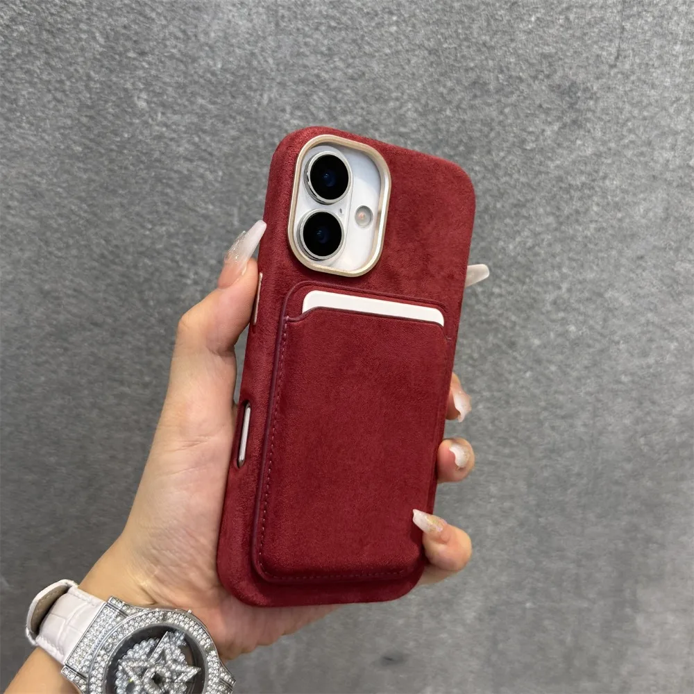

For iPhone 16 Pro Max Case Red Magnetic Card Holder Microfiber Leather Luxury Style Compatible with iPhone 15 14 13