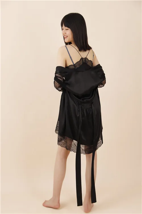 2021 luxury designer 100% silk black lace slip dress with matching rob pajama set sleepwear nightwear for lady and girl