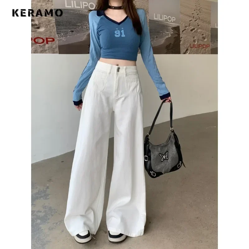 Damskie Basics Baggy 2000s Denim Trouser Washed Vintage Casual Classic Emo Pure Pants High Street Retro Simple High Waist Jeans