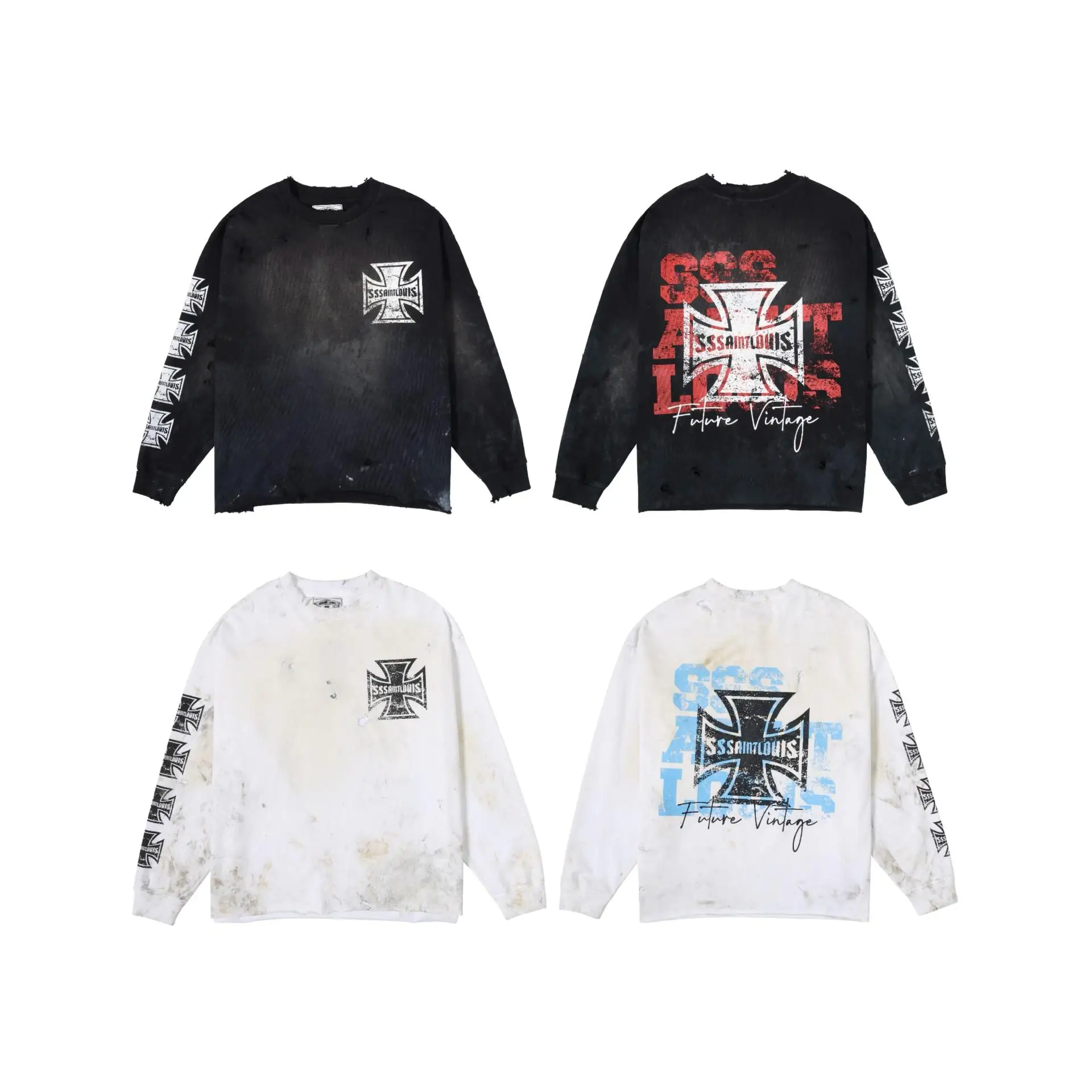 Sssaint Louis creates a dirty aged and damaged long-sleeved graffiti cross-stripe shirt
