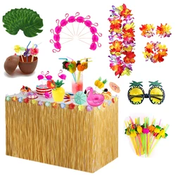 Straw Color Luau Grass Table Skirt Straw Hawaiian Tiki Moana Theme Party Supplies for Tropical Hawaii Party Birthday Decorations