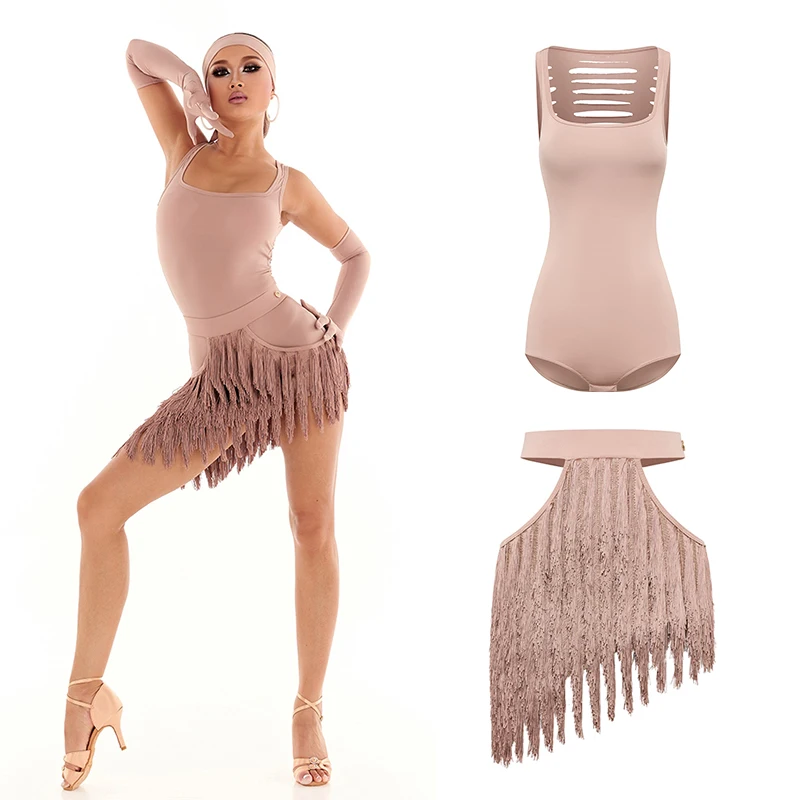 

Наряды DUYQ 2025, платье для латинских танцев, комбинезон с открытой спиной, юбка с полыми кисточками, чача-румба, латинское платье, костюмы для выступлений DN21662