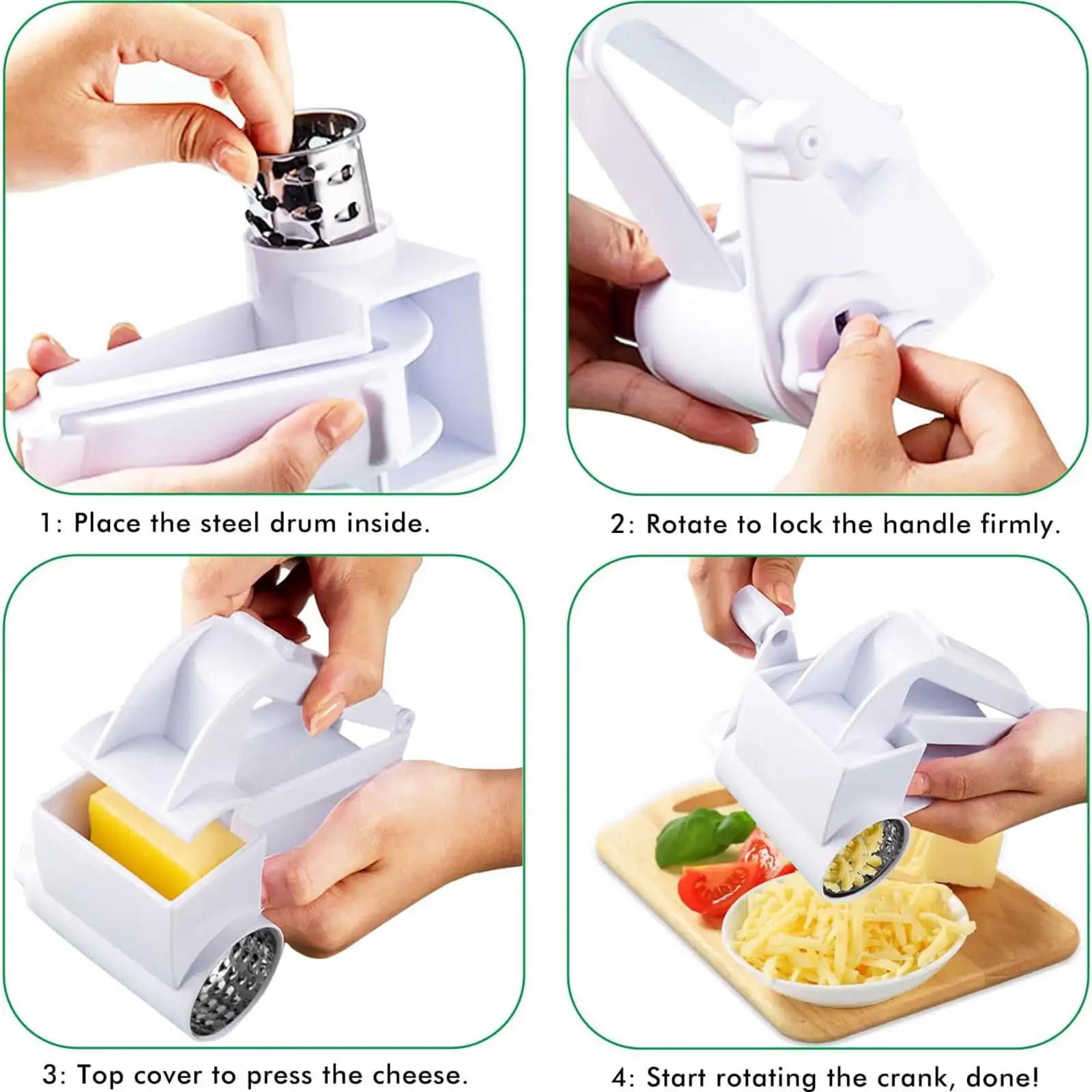 Professional Cheese Grater for Home, 3 in 1 Rotary Cheese Grater with Handle, Vegetable, Chocolate, Hard Cheese & Nut Grater