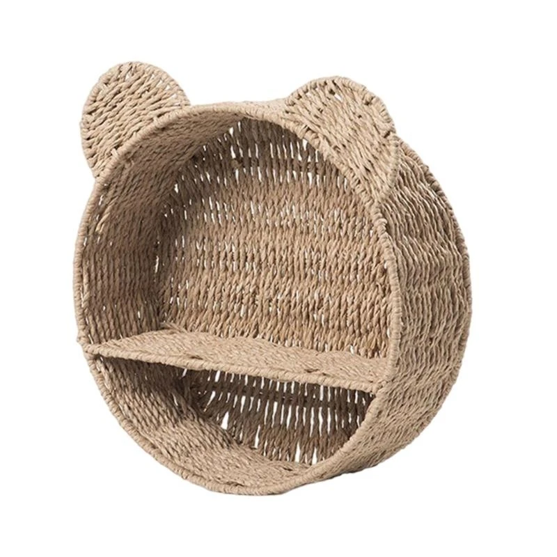 R1WA Rattan Hanging Storage Basket Bear Ear Wall Shelf Woven Wall Mounted Storage Rack Floating Shelves Home Decoration