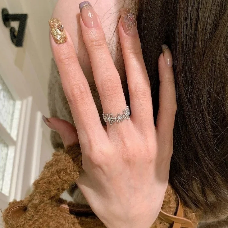خاتم زهرة الدانتيل الرجعية مع زخرفة الماس، خاتم البنصر النحيف الفاخر الفريد للنساء #4