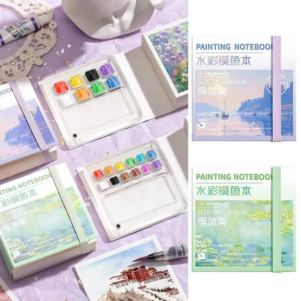 Acrylic Watercolor Paint Palette Set Mini 8/12 Grid Paint Pigment Box with Tearable Book Waterproof Travel Painting Tray Kit