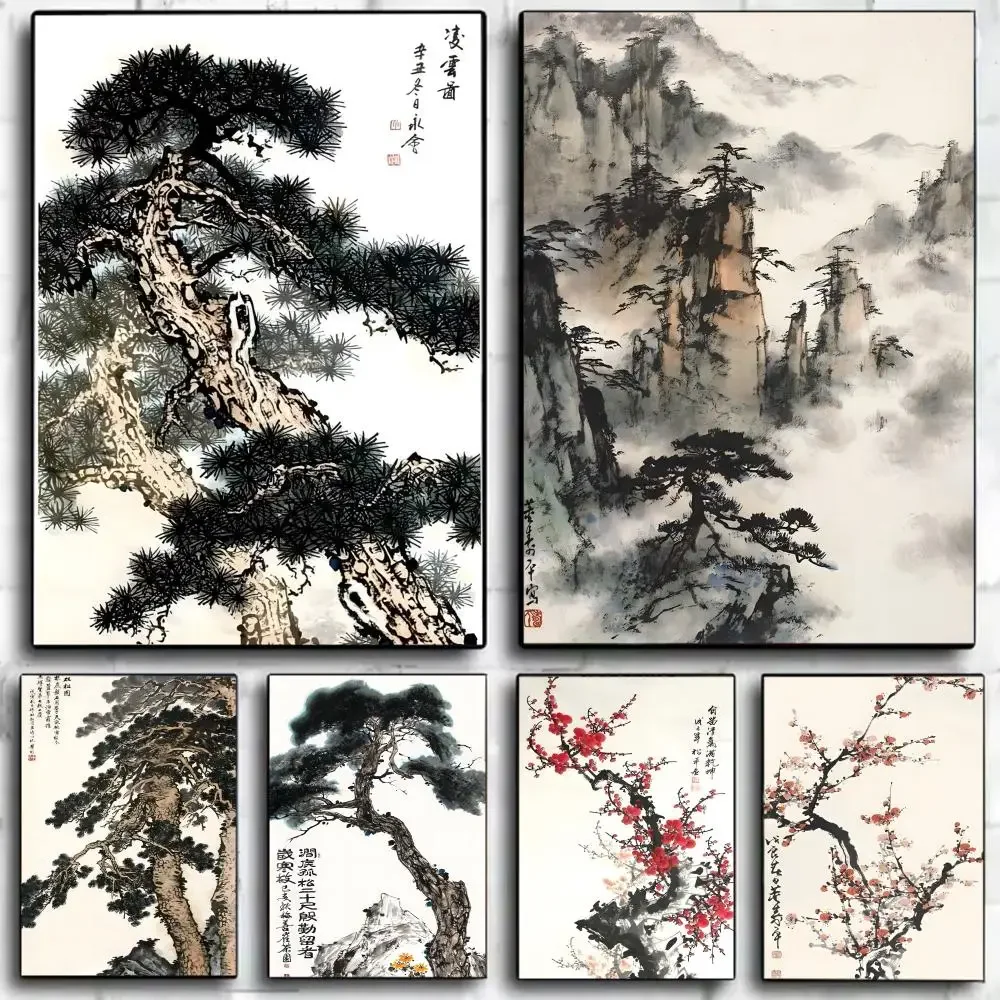 Chinese Ink Style Pine Tree Alpine Flow Water Poster Canvas Wall Art Print Poster Decorative Mural Home Decor Gift Unframed