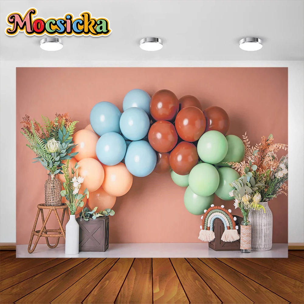 Mocsicka Boho Theme Photography Background Rainbow Balloon Baby Kids Birthday Cake Smash Party Decoration Supplies Studio Props