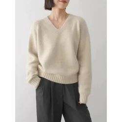 Women's Pure Mountain Cashmere Sweater V-Neck Long Sleeve Loose Fit Wool Knitted Pullover Bottoming Top for Autumn