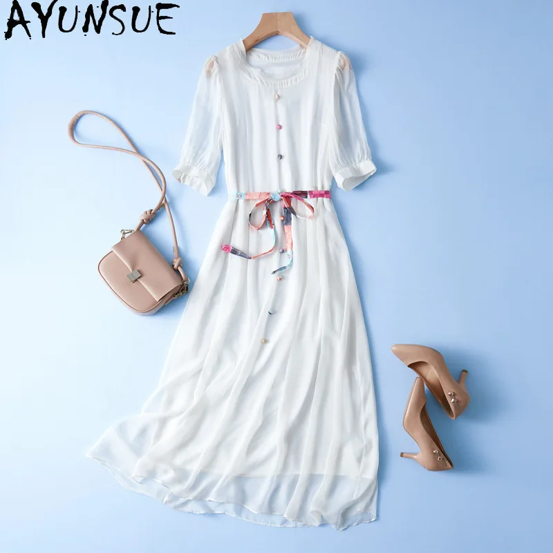 

AYUNSUE Natural Mulberry Silk Dress for Women Elegant Long Dress Woman Clothes Summer New in White Dress Vestidos De Mujer
