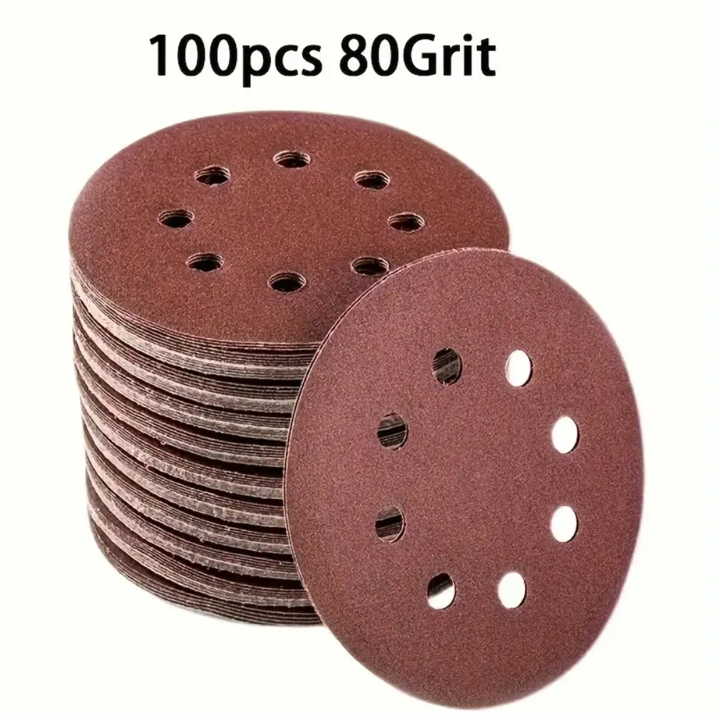 

100PCS 80-Grit Red Velvet Sandpaper, 5"x8 Hole Aluminum Oxide Sanding Discs for Air Grinder, Polishing & Metal/Wood Surface Prep