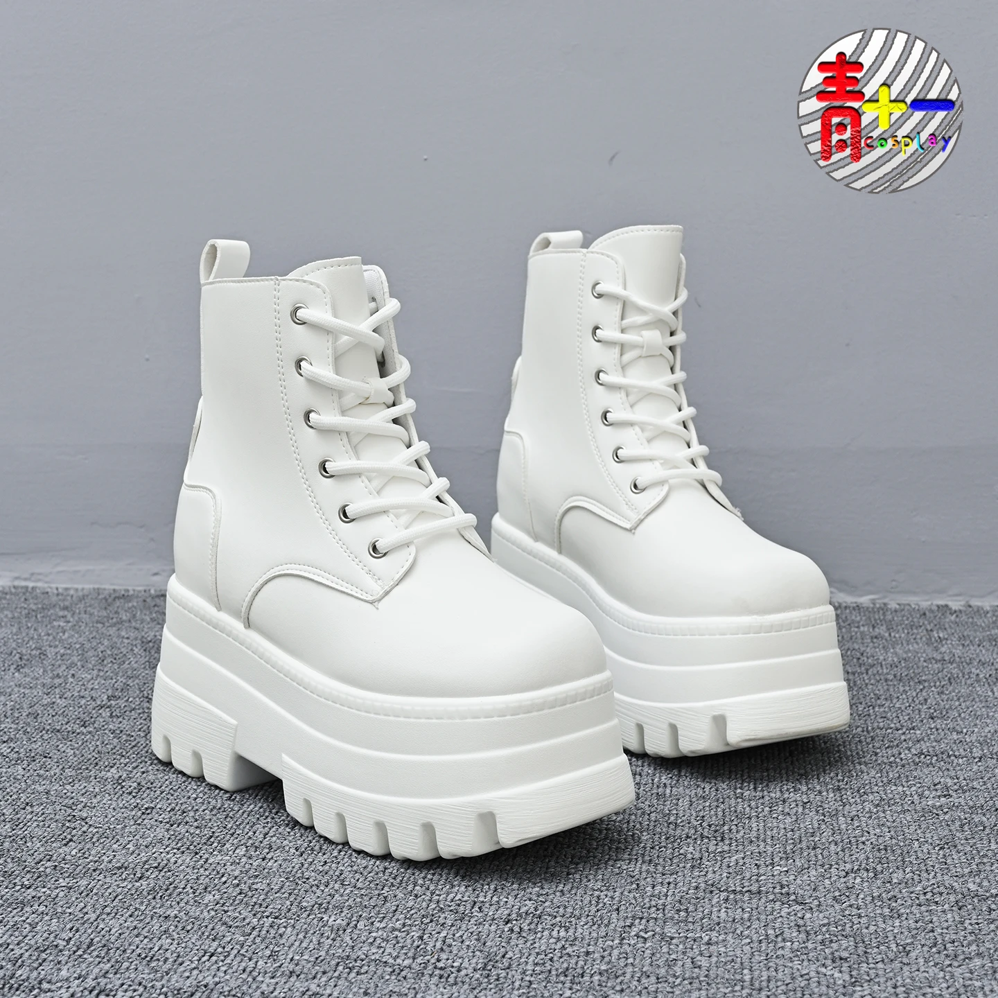 

Elevated Boots ex White Long Tube Cosplay Anime oes Versatile Cross Bule PU Leather round Toe Flat Heel Boots