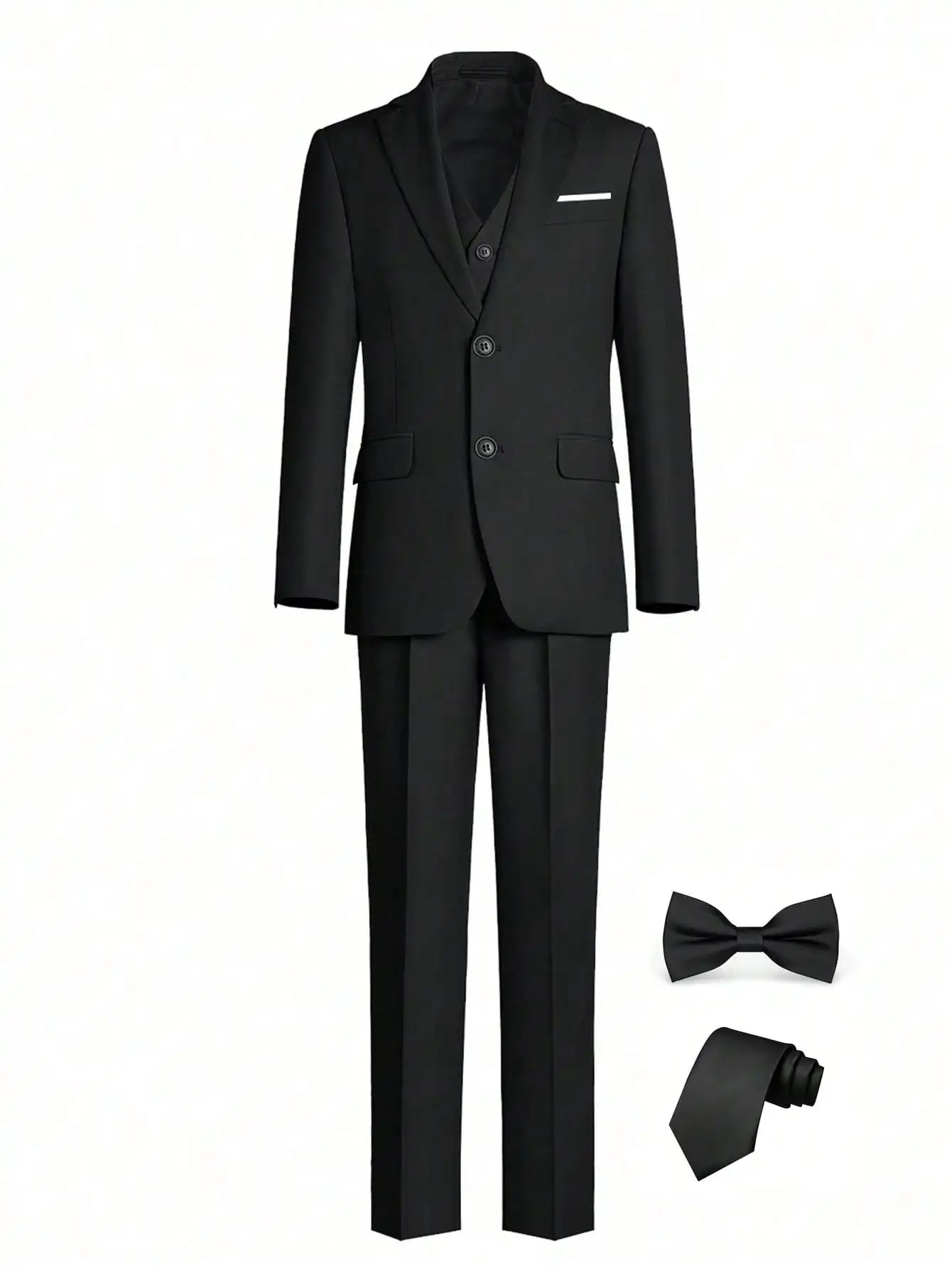 

Комплект из 5 предметов: черный формальный костюм для мальчиков — приталенный пиджак, жилет, брюки, галстук и галстук-бабочка
