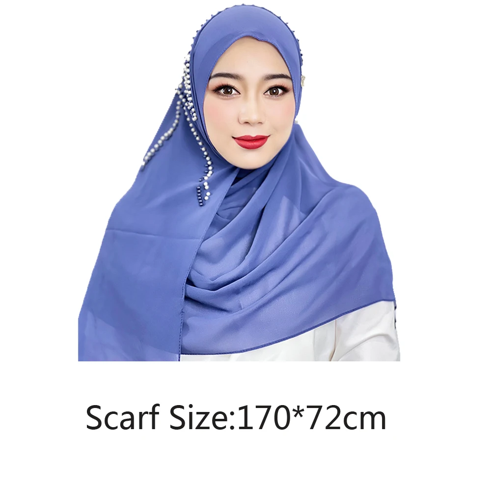 Muslim Bowknot Beads Pearls Turban Ladies 10 Colors Shawl Chiffon Solid Color Beaded Scarf Arab Islamic Clothing Hijab 72*170cm