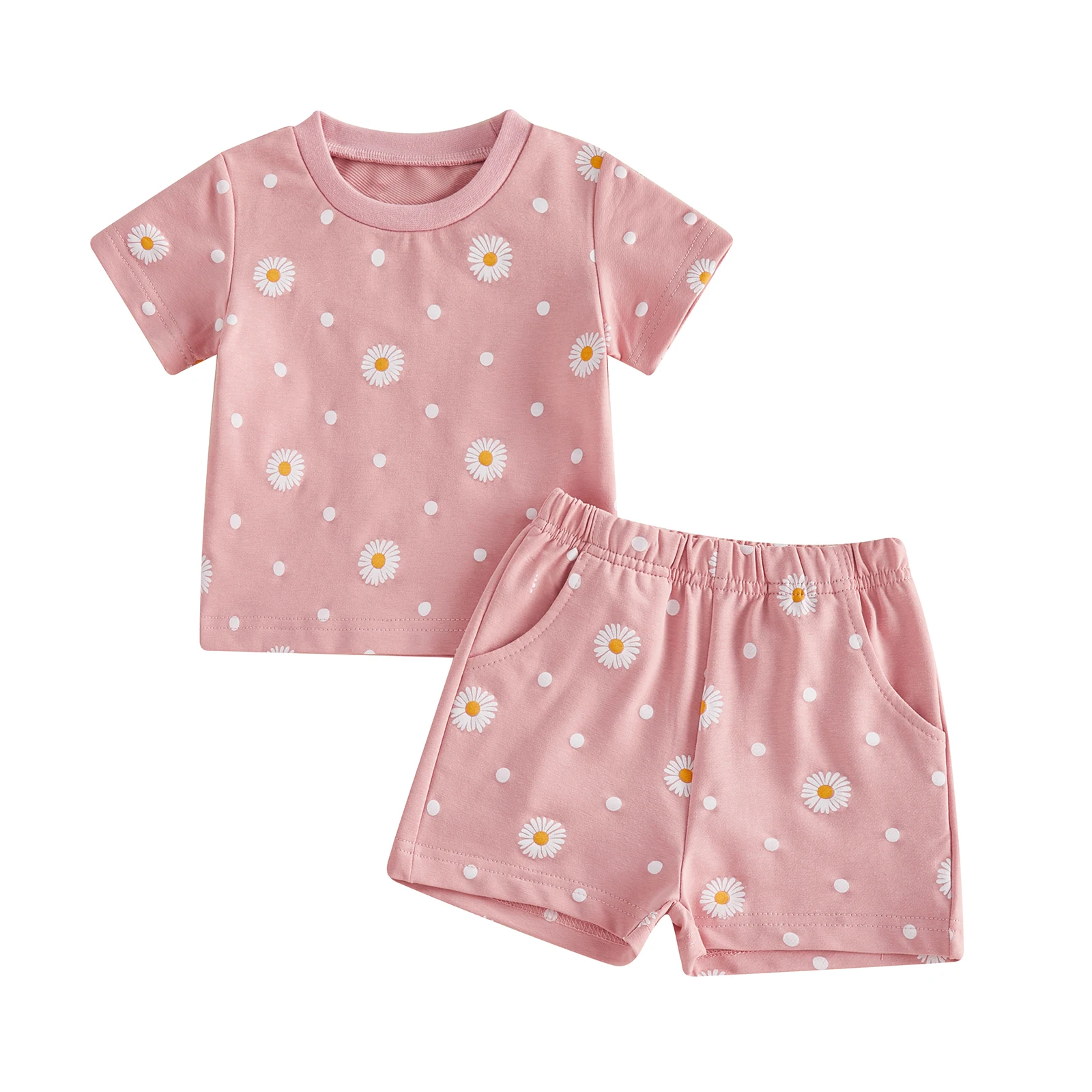 Baby Girl Summer Outfits Daisy Print Round Neck Short Sleeve Tops Elastic Waist Shorts 2Pcs Clothes Set