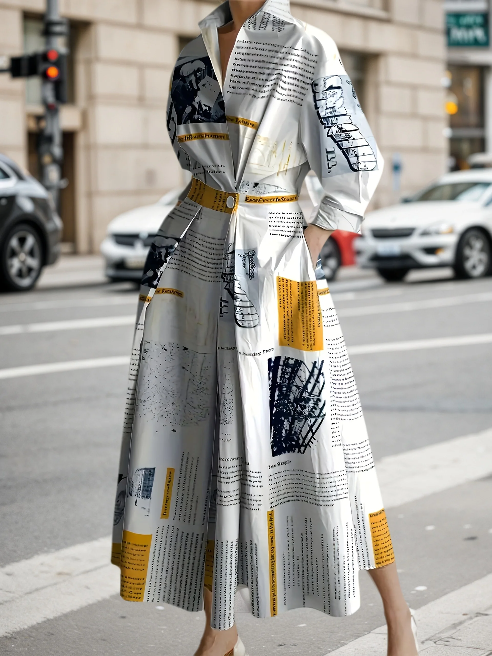 فستان نسائي جديد مطبوع عليه صحيفة لعام 2025 مع ياقة واقفة، فستان خريفي طويل الأكمام حضري غير رسمي متوسط الطول