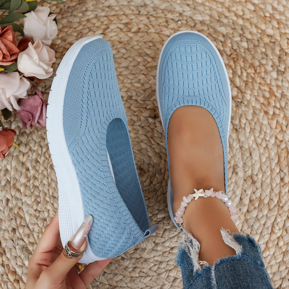 Hohlstrick-Slip-On-Keilsneaker für Damen, atmungsaktiv, rutschfest, weiche Kissensohle, für den täglichen Gebrauch, lässige Mutter-Schuhe – Detail 2
