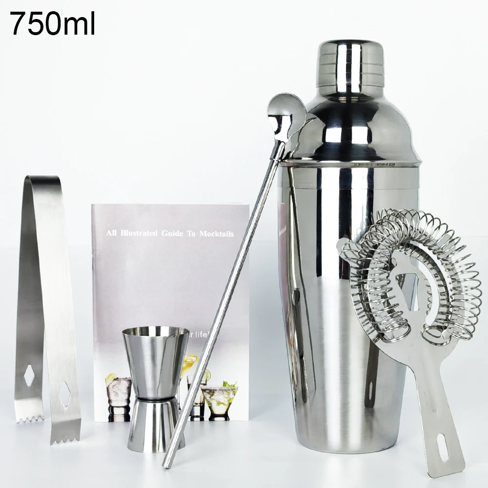 5 Piece Cocktail Shaker Set 750ml, Bartender Kit Shakers with Recipe, Jigger Ice Tongs Strainer Straw Spoon