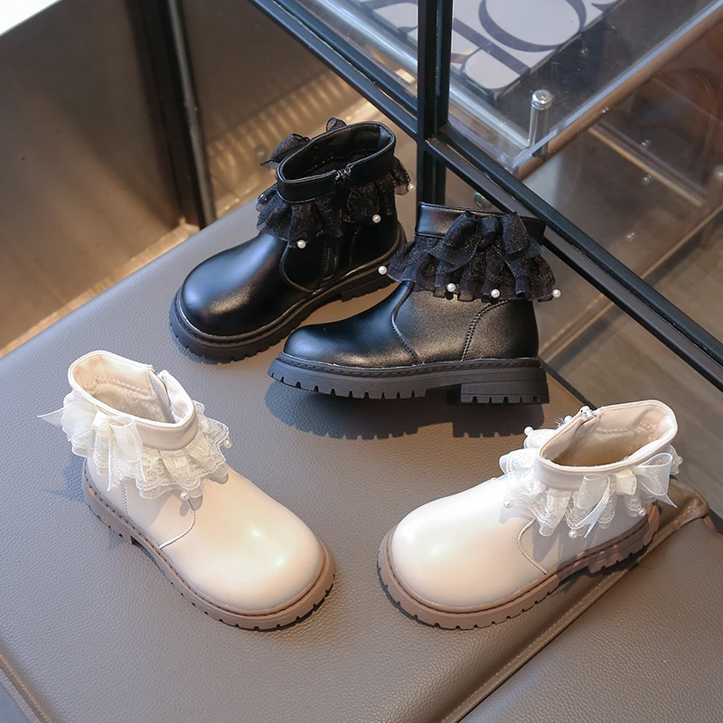 

Зимние ботильоны для девочек, элегантные кружевные детские ботинки принцессы на платформе с рюшами на платформе для свадебной вечеринки, детские модные плюшевые сапоги