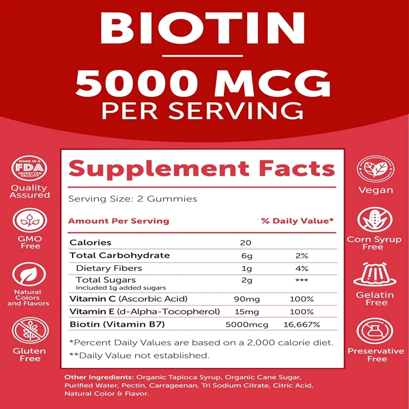 Biotin cherry gummies contain vitamins C and E, while non genetically modified hair, skin, and nails contain 60 vitamins