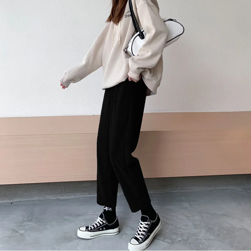 

Эстетические брюки, женские шикарные базовые уютные весенние универсальные черные женские шаровары с эластичной резинкой на талии, однотонные брюки до щиколотки