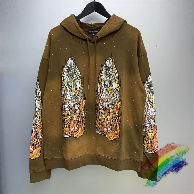 

Nice Washed WHO DECIDES WAR Flame Glass Hoodie Men Women Best Quality Diamond Inlay Vintage Brown Gray Black Oversize Hooded